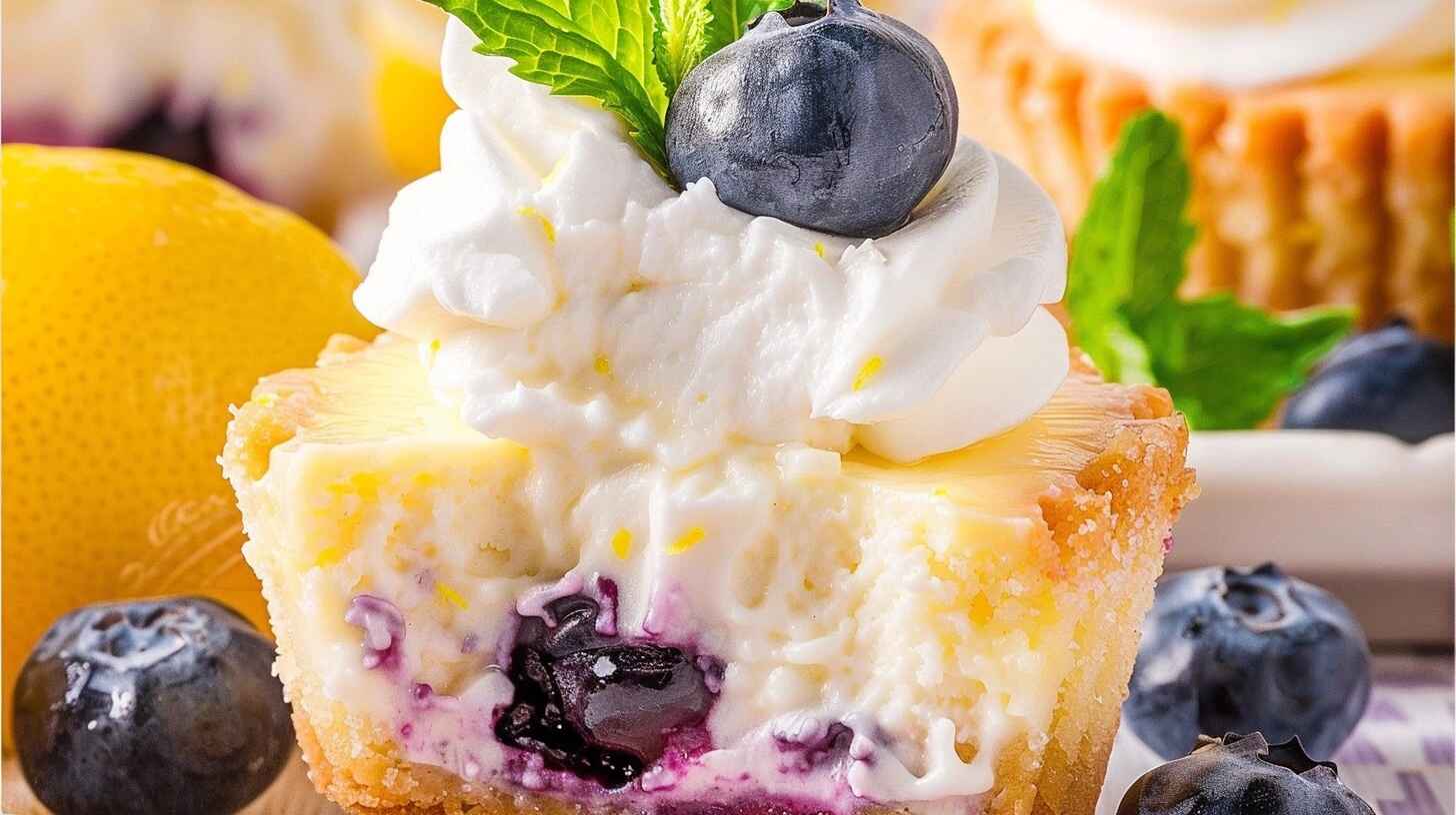 Lemon Blueberry Mini Cheesecakes: The Perfect Spring Dessert Bite 11 Flat lay of lemon blueberry mini cheesecakes topped with whipped cream and blueberries on a rustic table.