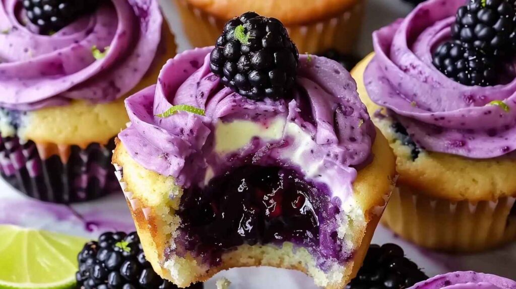 Blackberry lime cheesecake cupcakes topped with blackberry sauce and lime zest on a white marble surface.