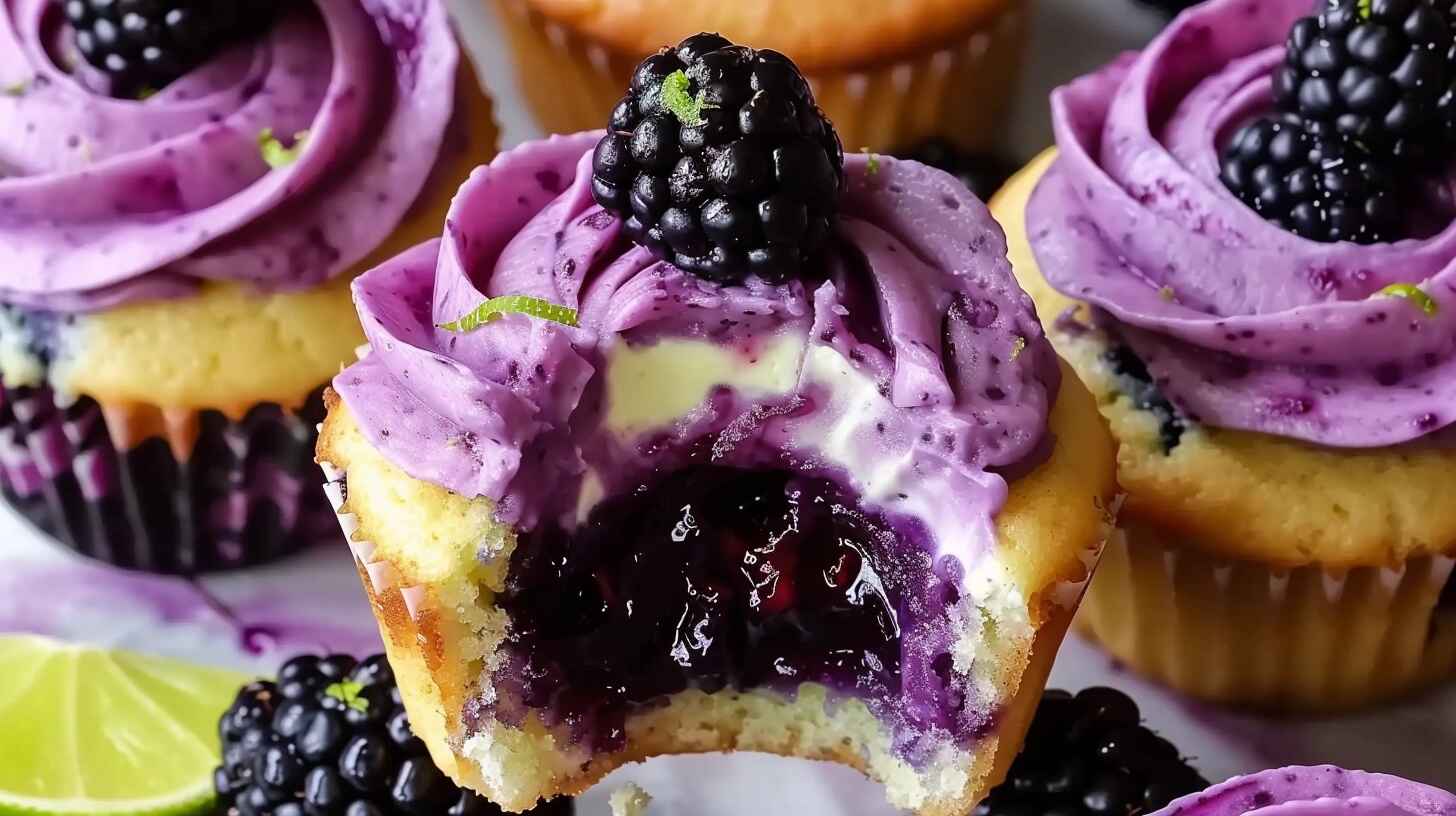 Blackberry Lime Cheesecake Cupcakes: A Refreshing Summer Dessert You will Love 11 Blackberry lime cheesecake cupcakes topped with blackberry sauce and lime zest on a white marble surface.