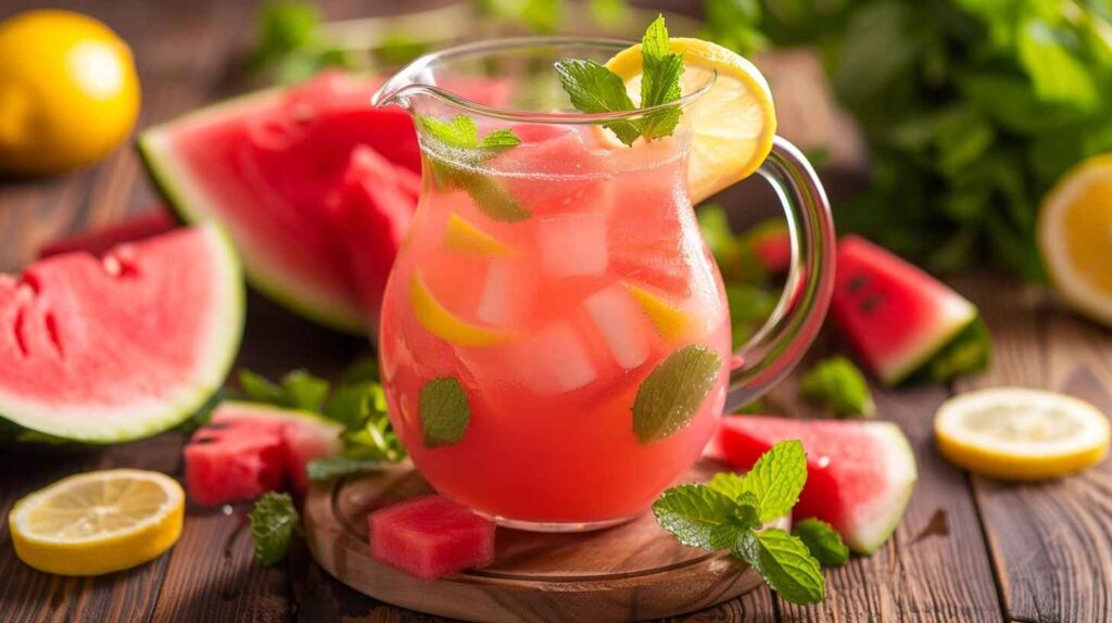 Pitcher of watermelon lemonade with lemon slices, mint, and fresh watermelon on a summer table.