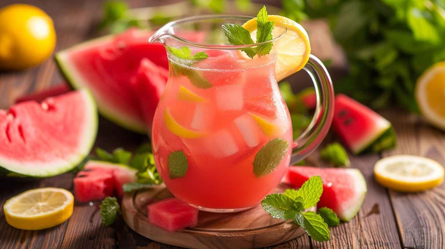 Watermelon Lemonade: Homemade Summer Sips 10 Pitcher of watermelon lemonade with lemon slices, mint, and fresh watermelon on a summer table.