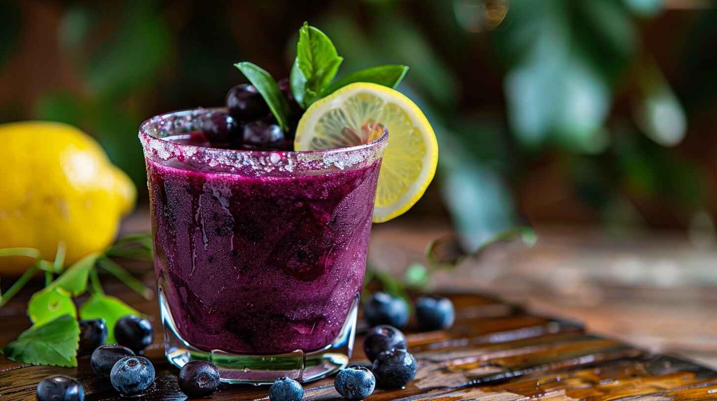 A vibrant purple Brazilian Mounjaro drink with a lemon slice and fresh açaí berries in a glass.