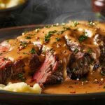 A sizzling, perfectly seared ghost pepper steak, sliced and topped with a creamy bourbon sauce, served on a rustic plate with fresh parsley garnish.