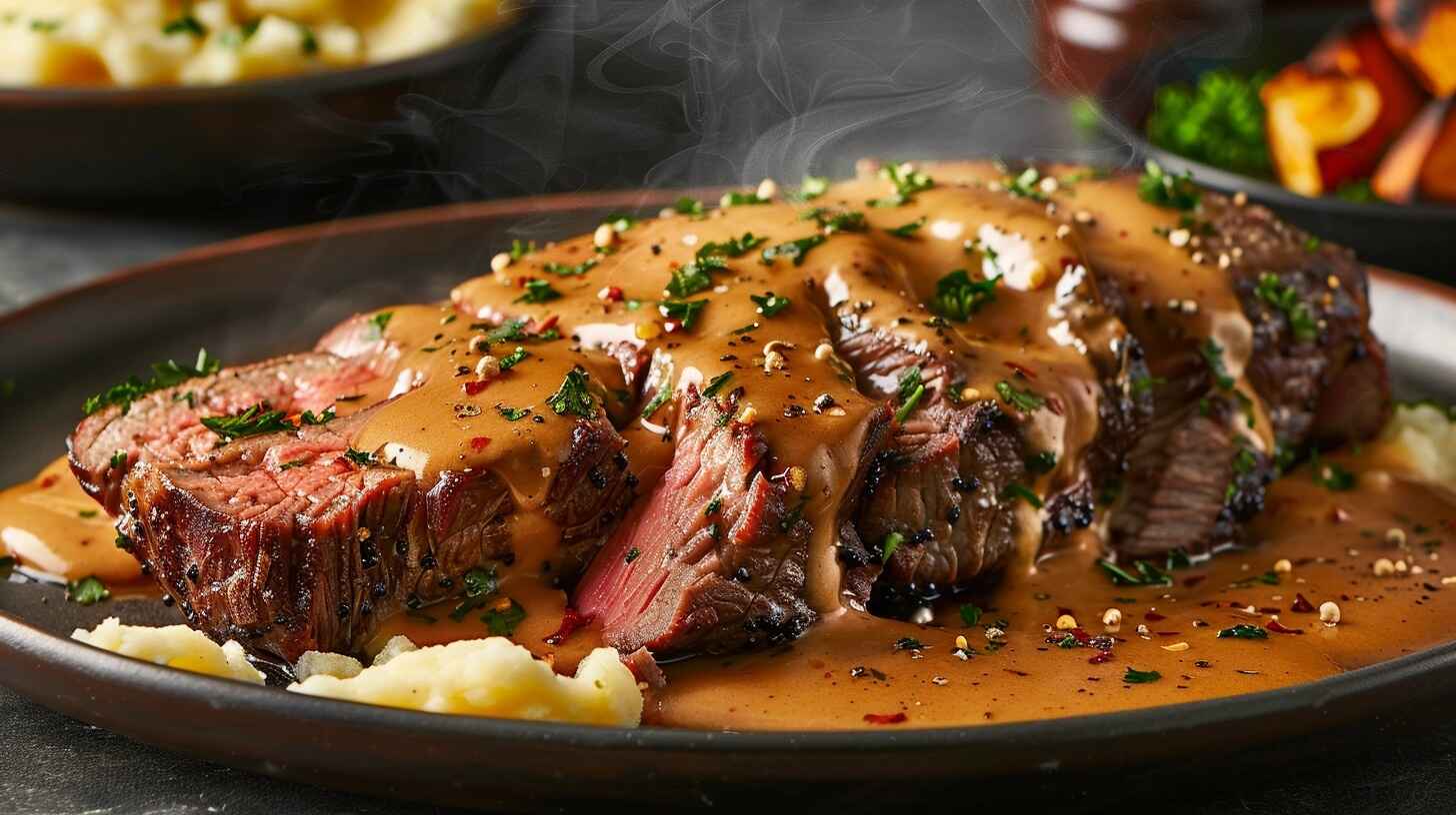 A sizzling, perfectly seared ghost pepper steak, sliced and topped with a creamy bourbon sauce, served on a rustic plate with fresh parsley garnish.