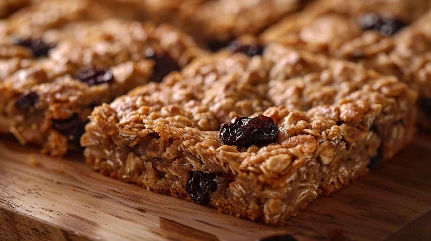 5 Secrets To Baking The Best Oatmeal Raisin Cookie Bars 12 A batch of freshly baked oatmeal raisin cookie bars cut into squares on a wooden board.