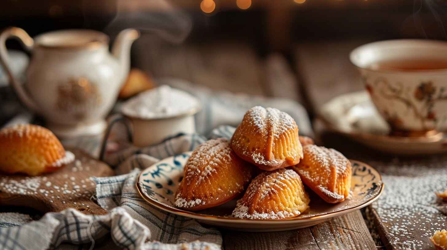 How to Make Homemade Madeleines Like a French Pastry Chef 13 A plate of freshly baked homemade madeleines with powdered sugar, served with tea in a cozy French-style kitchen.