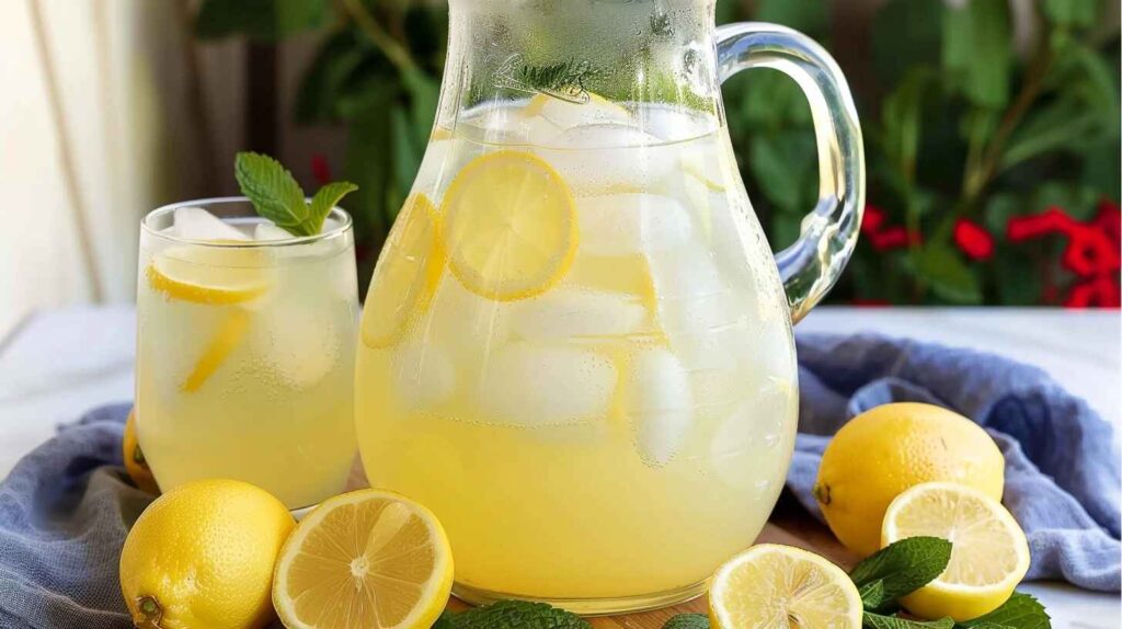 Pitcher and glasses of fresh lemonade on a sunny summer table with lemon slices and mint.