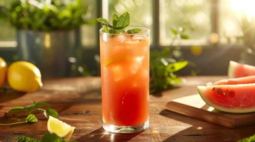 Refreshing glass of watermelon mint detox juice with fresh ingredients