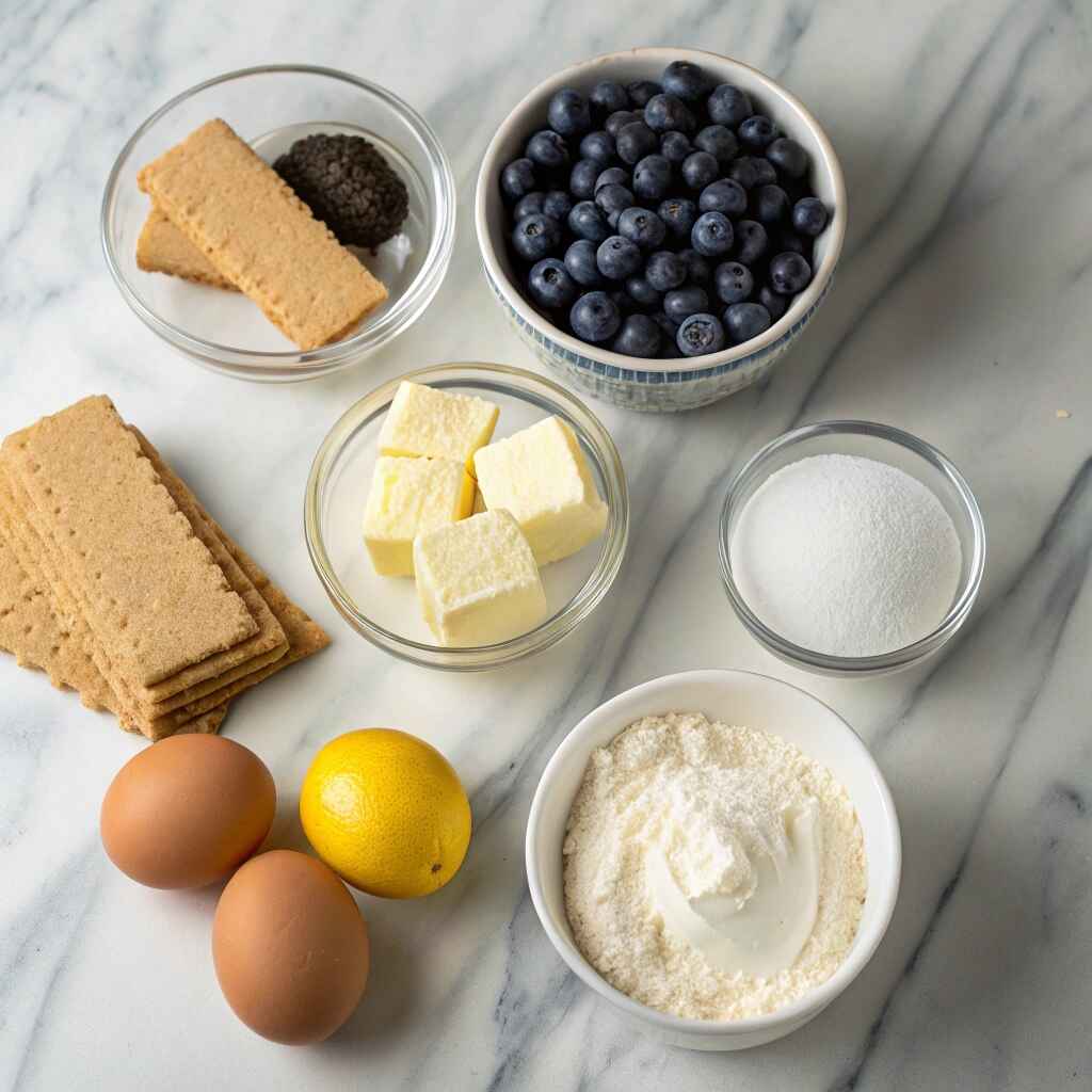 Lemon Blueberry Mini Cheesecakes: The Perfect Spring Dessert Bite 12 Ingredients for lemon blueberry mini cheesecakes displayed on a countertop.