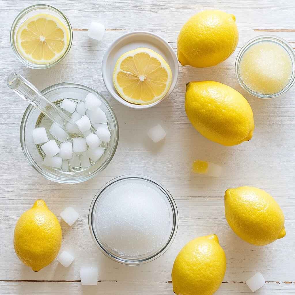 Fresh Lemonade 12 Flat lay of lemons, sugar, water, and ice—ingredients for fresh lemonade.
