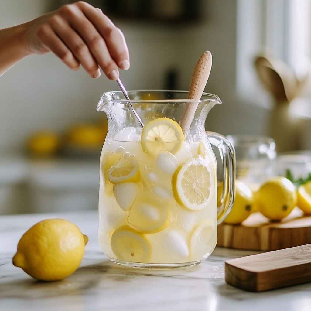 Fresh Lemonade 13 Hands stirring fresh lemonade in a glass pitcher with lemon slices and ice.