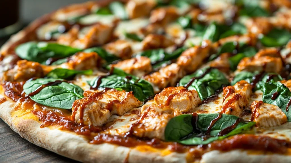 BBQ chicken pizza with fresh spinach leaves, melted cheese, and a drizzle of BBQ sauce.