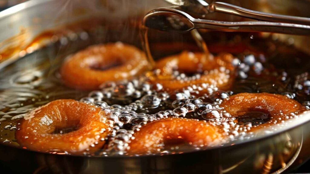 Old-fashioned cake donuts frying in a deep pan, turning golden brown, with tongs flipping one over.