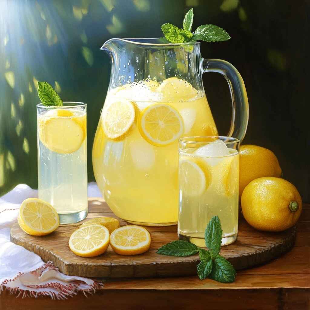 Fresh Lemonade 14 Fresh lemonade with raspberries and mint served outdoors on a sunny day.