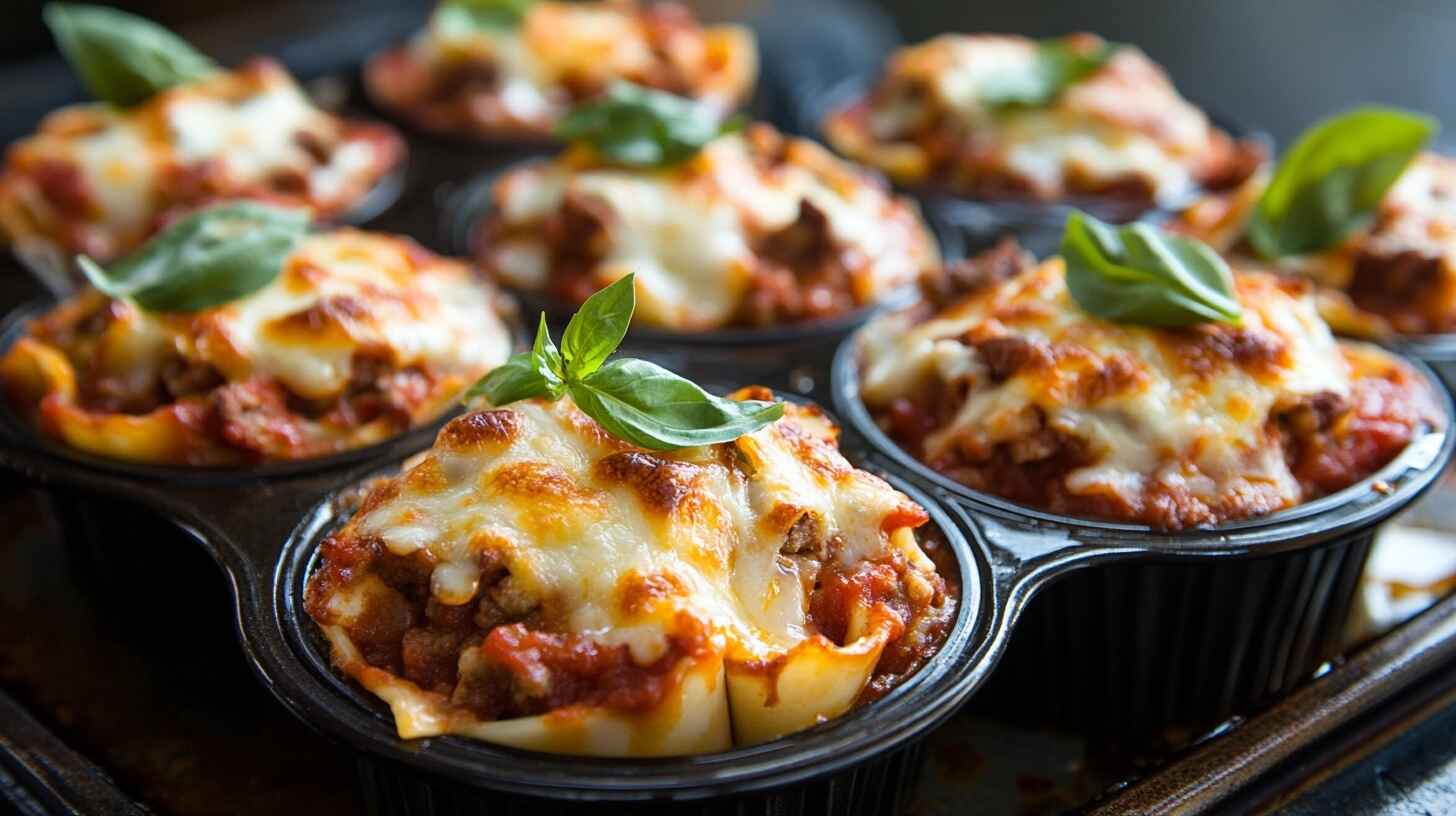 The Best Muffin-Tin Lasagna Recipe for Busy Weeknights 3 A tray of golden, cheesy muffin-tin lasagnas garnished with fresh basil, served on a rustic wooden table with marinara sauce and Parmesan.