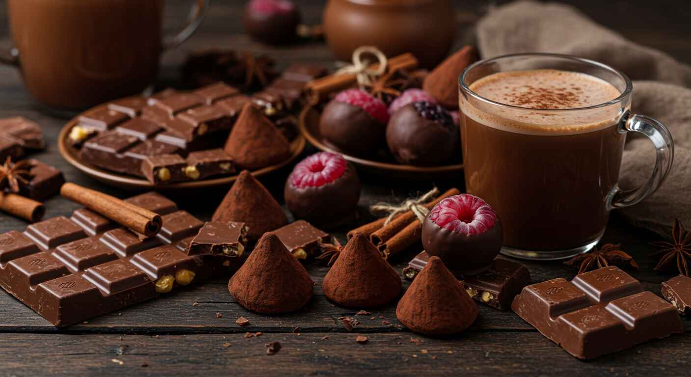 How to Make Sweet Chocolate Delight at Home – Easy & Delicious 13 A beautifully arranged chocolate spread featuring truffles, bars, and a cup of hot chocolate on a rustic wooden table.