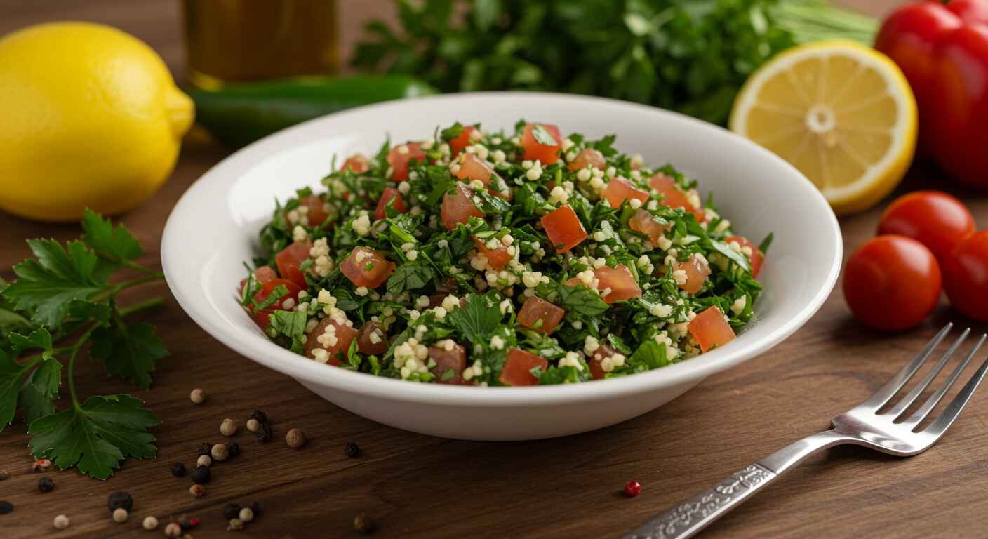 How to Make Traditional Tabbouleh Like a Pro (With Common Mistakes to Avoid!) 13 A vibrant bowl of Lebanese Tabbouleh salad garnished with lemon wedges and surrounded by fresh parsley, tomatoes, and olive oil.