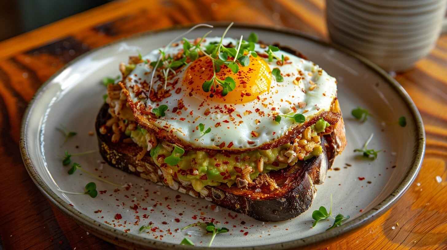 Why Avocado Egg Toast Is The Ultimate Power Breakfast 1 Avocado egg toast with a sunny-side-up egg and microgreens on whole grain bread.