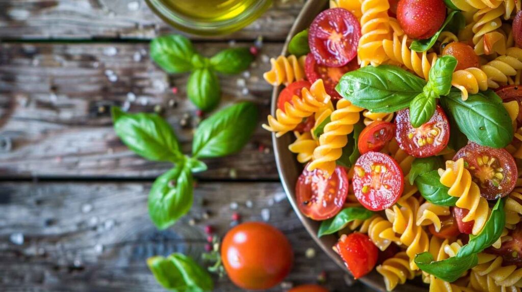 Fresh Tomato Basil Pasta in a rustic bowl with bright tomatoes and basil.