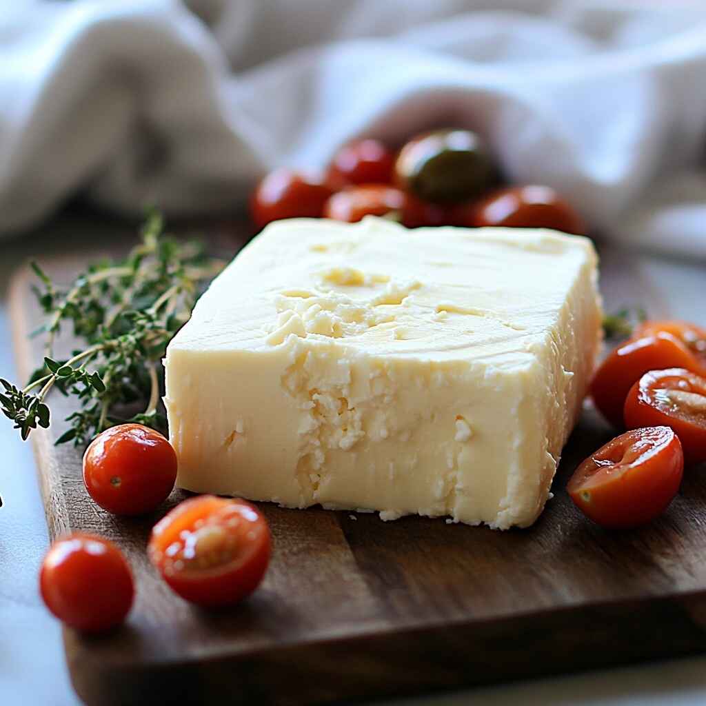 7 Secrets To The Best Crispy Greek Salad With Feta 3 Authentic Greek feta cheese block with olives and tomatoes on a cutting board