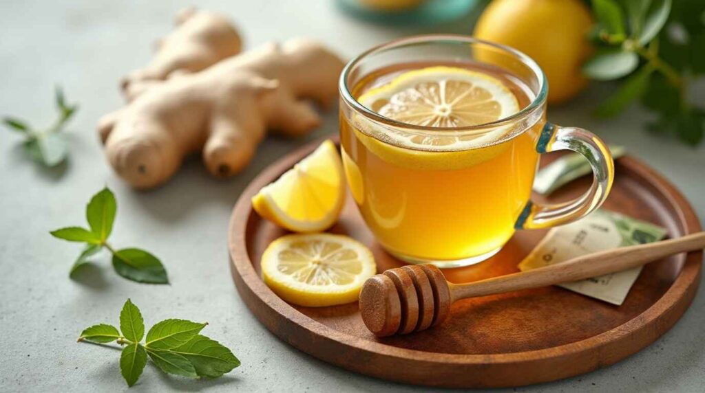 Refreshing glass of ginger green tea with honey and fresh ingredients.