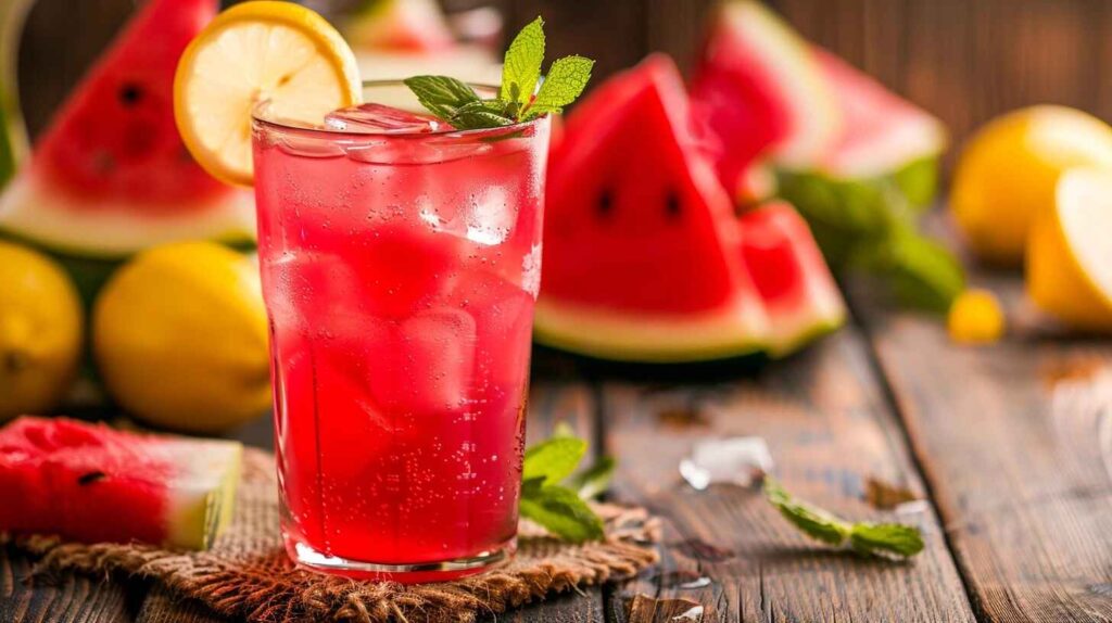 Refreshing glass of watermelon lemonade with lemon slice and mint on a sunny day.