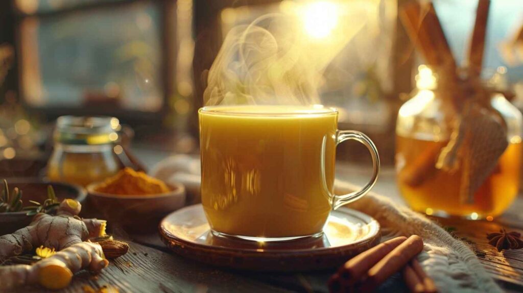 A steaming cup of turmeric golden milk with fresh spices on a wooden table.