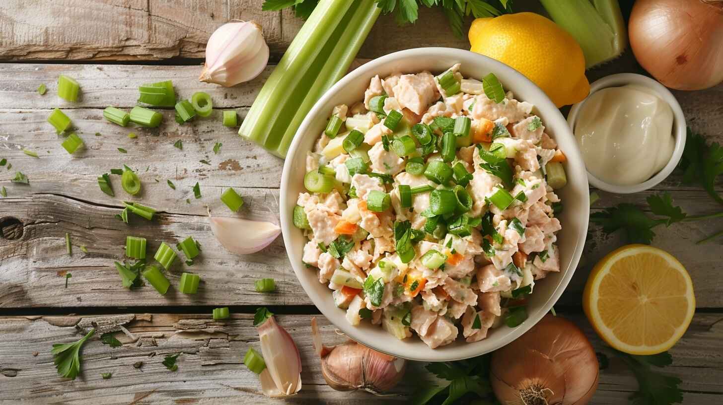 10 Secrets to the Best Classic Tuna Salad Ever 11 Overhead shot of classic tuna salad in a bowl with fresh ingredients