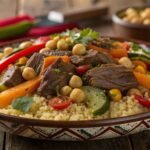 Traditional Moroccan couscous served with lamb and vegetables.