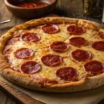 Overhead view of a classic pepperoni pizza on a wooden table
