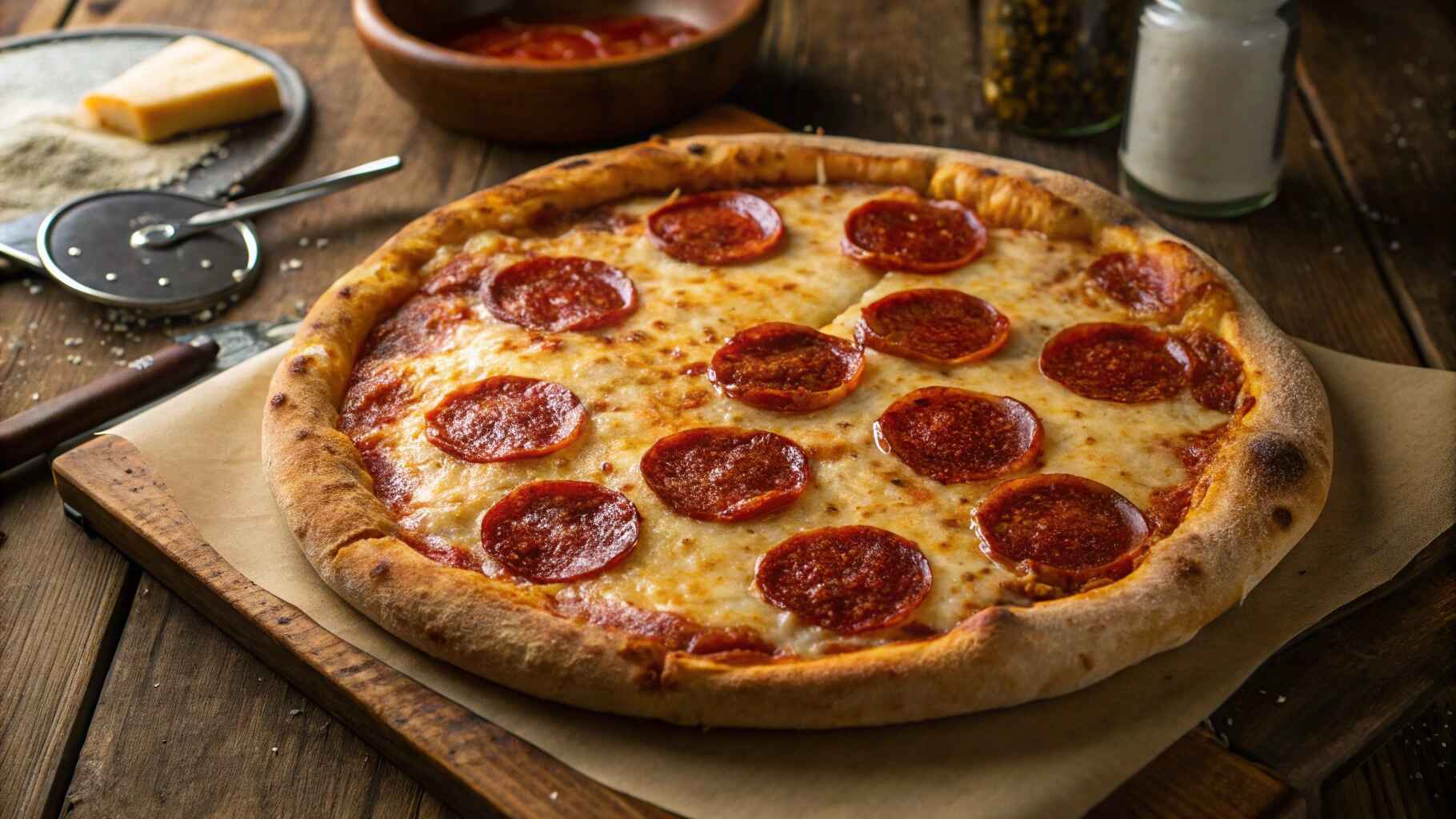 Pepperoni Pizza 1 Overhead view of a classic pepperoni pizza on a wooden table