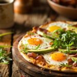 Breakfast Pizza 9 Delicious breakfast pizza with eggs, avocado, and bacon on a rustic table