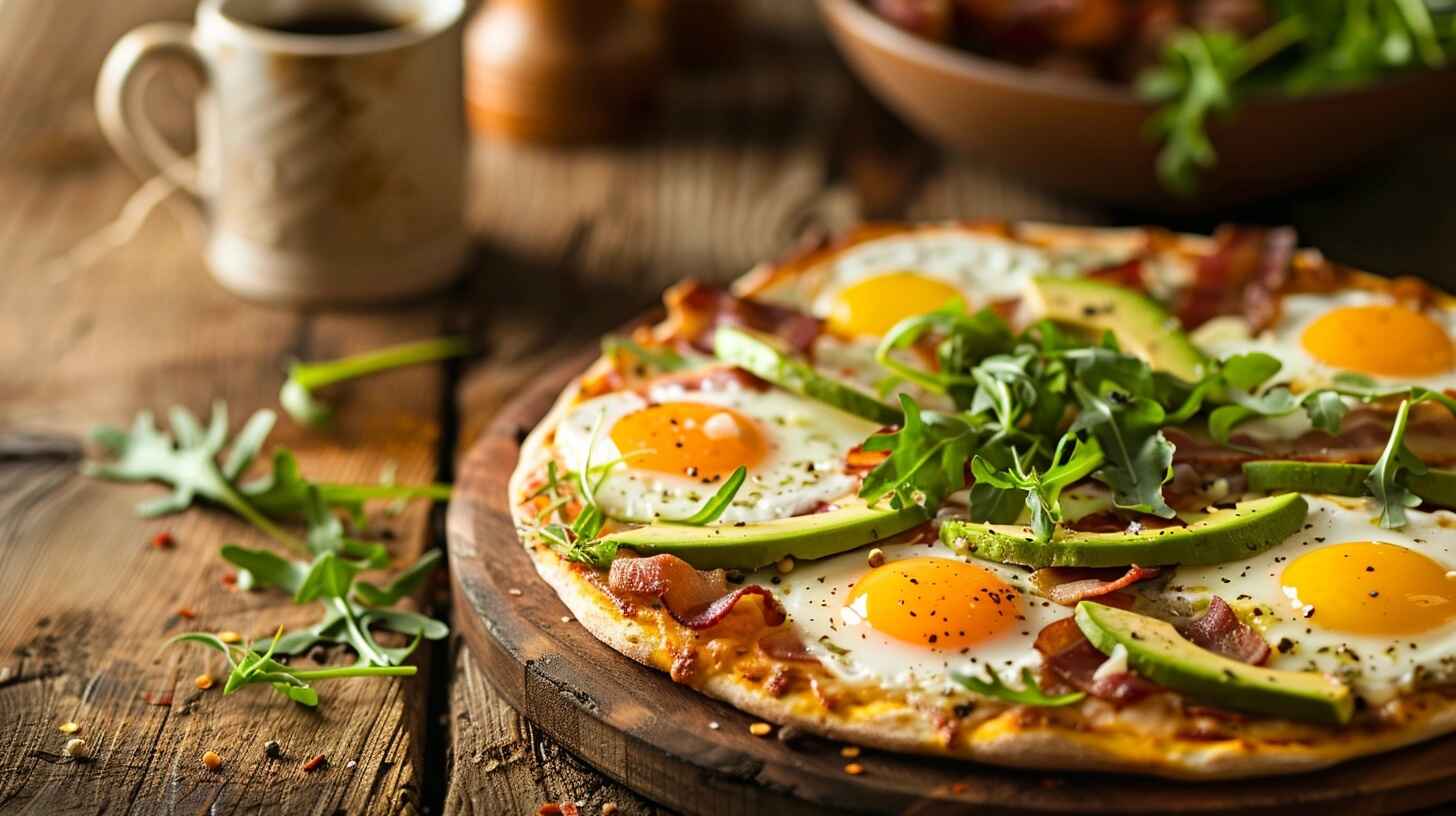 Breakfast Pizza 1 Delicious breakfast pizza with eggs, avocado, and bacon on a rustic table