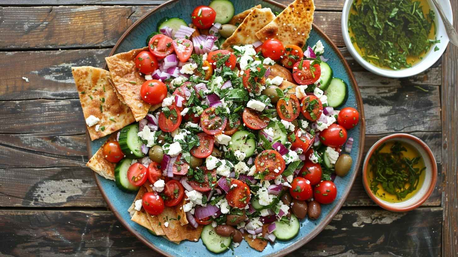 7 Secrets To The Best Crispy Greek Salad With Feta 1 Top view of crispy Greek salad with feta, tomatoes, cucumbers, and pita chips