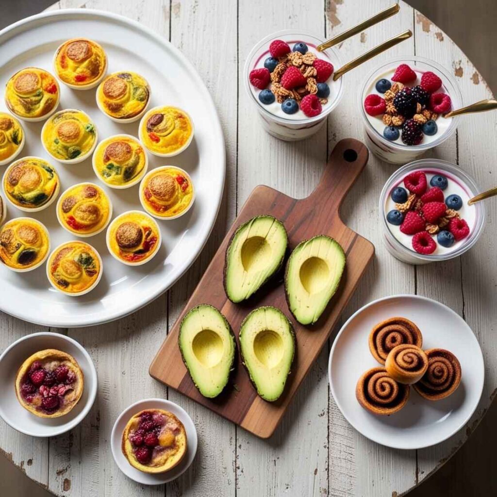 10 Easy Recipes for Hosting a Brunch with Friends 2 Mini quiches, parfaits, and avocado toast displayed on a rustic brunch table.