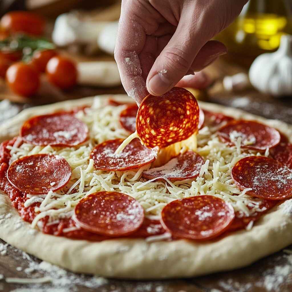 Pepperoni Pizza 2 Hands adding pepperoni slices to homemade pizza before baking