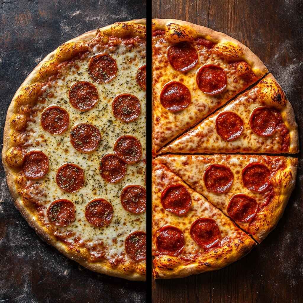 Pepperoni Pizza 3 Comparison of greasy vs perfectly cooked pepperoni pizza