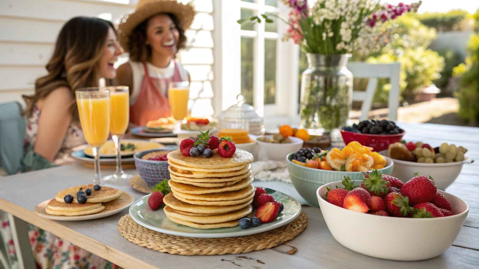 10 Easy Recipes for Hosting a Brunch with Friends 1 Brunch table with pancakes, fruit, and mimosas surrounded by happy friends.