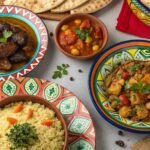 Colorful Moroccan feast featuring tagine, couscous, and traditional dishes.