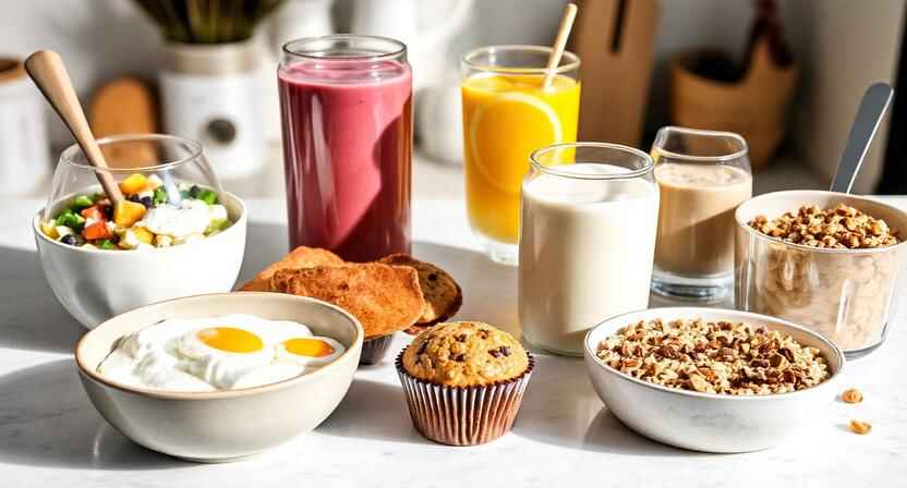 High-protein healthy breakfast recipes for busy mornings displayed on a clean kitchen counter