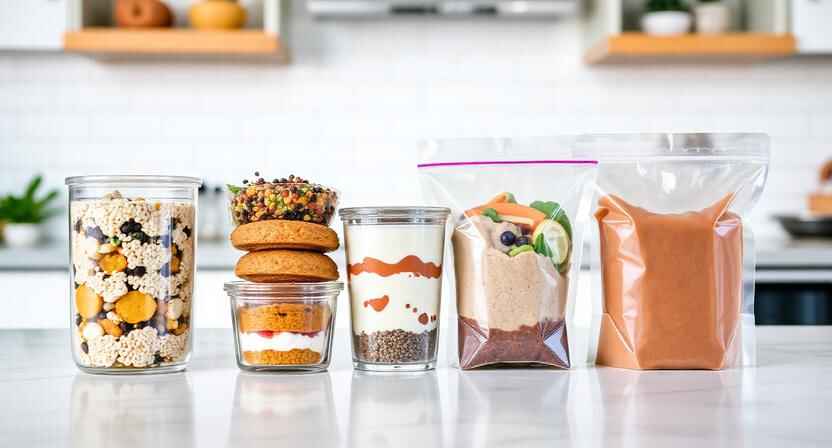 Healthy meal prep breakfast recipes for the week displayed in organized glass containers
