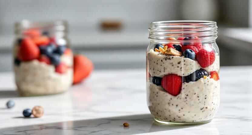 Healthy Breakfast Recipes (Ultimate Guide) 3 Healthy overnight oats jar with berries and chia seeds for balanced breakfast recipes