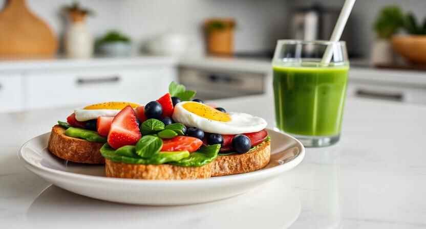 Healthy Breakfast Recipes (Ultimate Guide) 4 Balanced healthy breakfast plate with avocado toast, yogurt, and smoothie