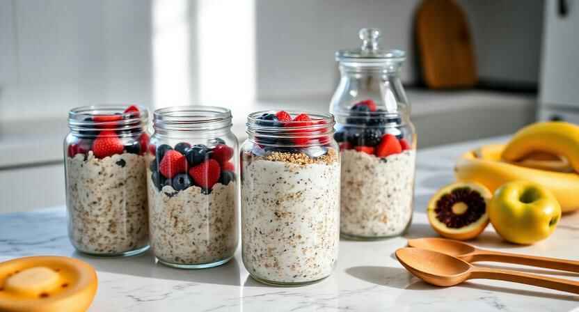 Healthy Meal Prep Breakfast Recipes for the Week 4 Overnight oats jars prepared as healthy meal prep breakfast recipes for the week